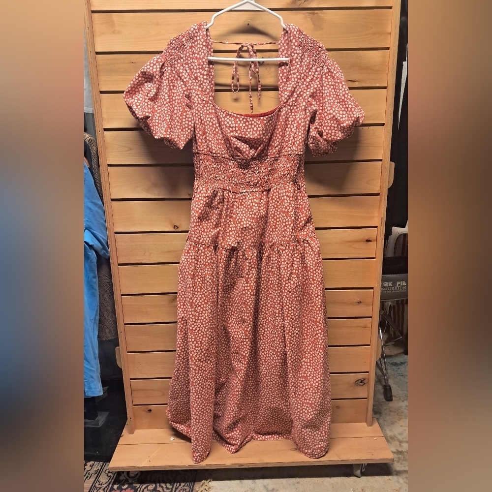 Anthropologie Puff Sleeved Smocked Poplin Dress Size M